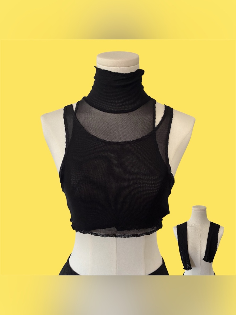 Black Sheer Mesh High-Neck Crop Tank Top with Sleeves (3 pc)